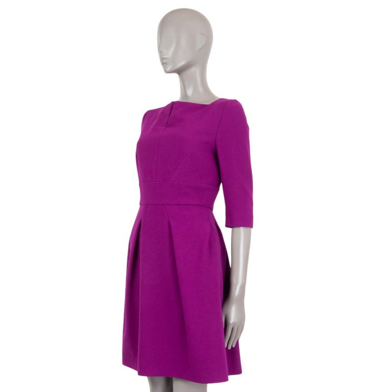 ROLAND MOURET purple wool ELBOW SLEEVE SPLIT NECK CREPE SHEATH Dress M