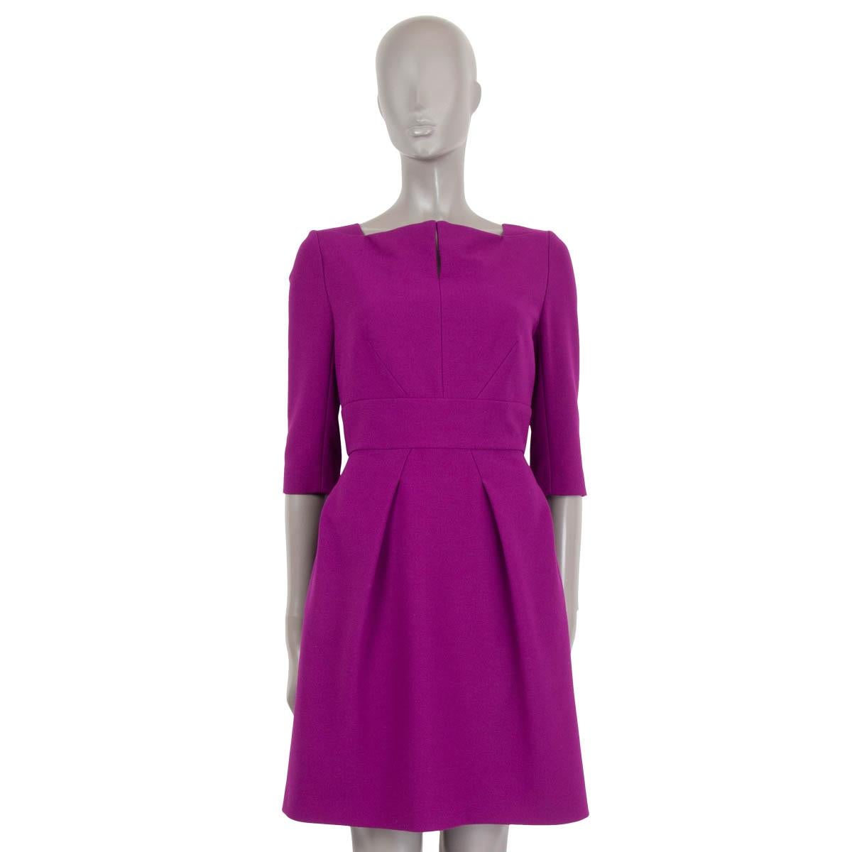 ROLAND MOURET purple wool ELBOW SLEEVE SPLIT NECK CREPE SHEATH Dress M For Sale