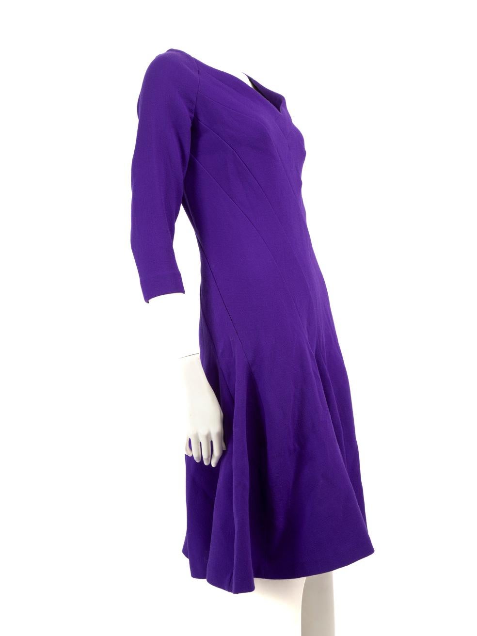 CONDITION is Very good. Hardly any visible wear to the dress is evident on this used Roland Mouret designer resale item.
 
 Details
 Purple
 Wool
 Dress
 Midi
 Long sleeves
 V-neck
 Flared skirt
 Back velvet tie straps
 Back zip and hook fastening

