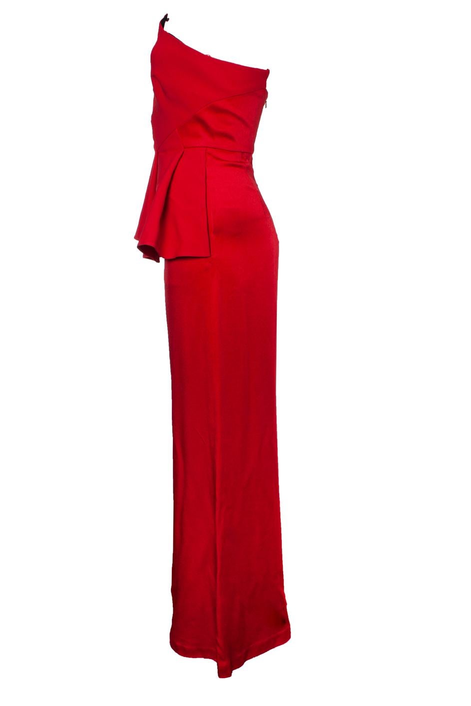 Roland Mouret, Red strapless peplum jumpsuit with zipper on the back.

• CONDITION: very good condition 

• SIZE: 34 - XS

• MEASUREMENTS: length 137 cm, width 40 cm, waist 33 cm, inside leg length 75 cm, width ankle 40 cm

• MATERIAL: 73% acetate