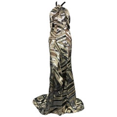 ROLAND MOURET Size 6 Black Silk & Gold Metallic Pattern Silk Chiffon ELIJAH Gown