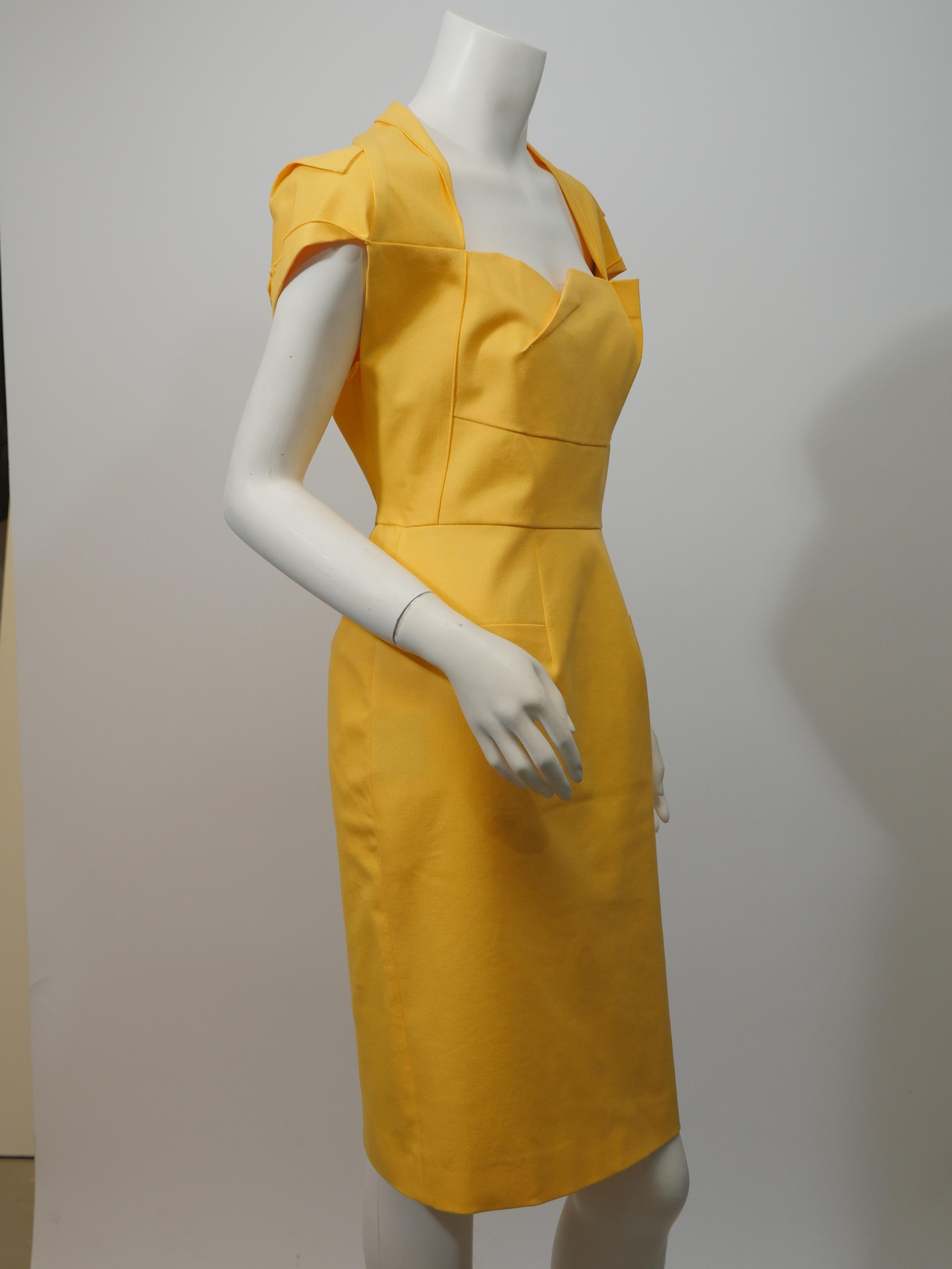 Roland Mouret Size 8 Yellow Cotton 'Limited Edition' Cap Sleeve Sheath Dress 4