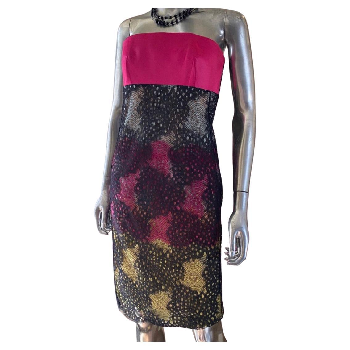 Roland Mouret Strapless Black Print Lace & Pink Satin Cocktail Dress NWT Size 6