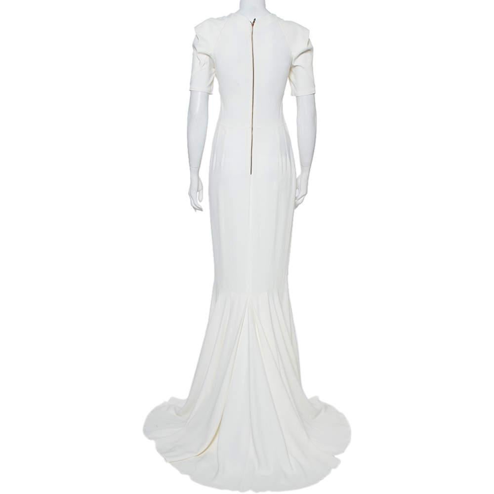 Roland Mouret White Crepe Paneled Detail Fitted Jansen Gown L In Good Condition For Sale In Dubai, Al Qouz 2