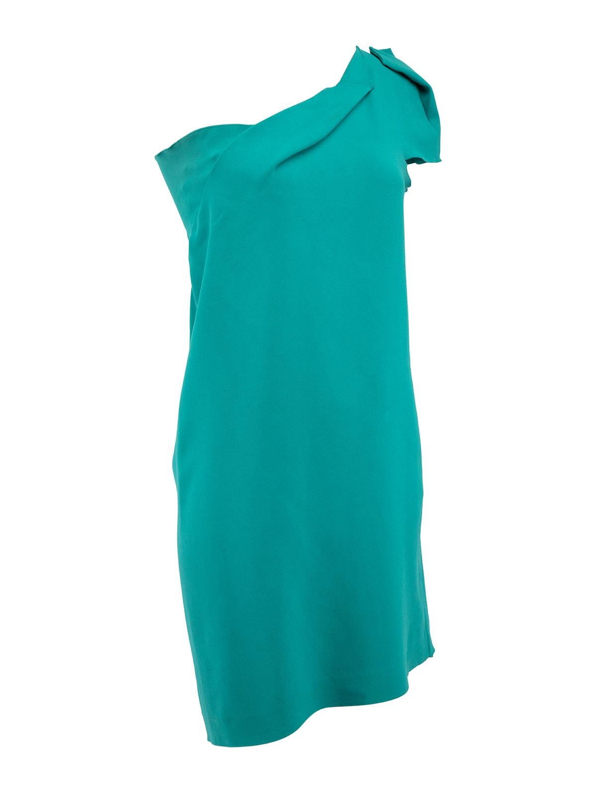 CONDITION is Very good. Minimal wear to dress is evident. Minimal pilling to outer material around the neckline on this used Roland Mouret designer resale item.  Details  Turquoise Viscose, acetate blend Mini dress One shoulder Ruffle neckline and