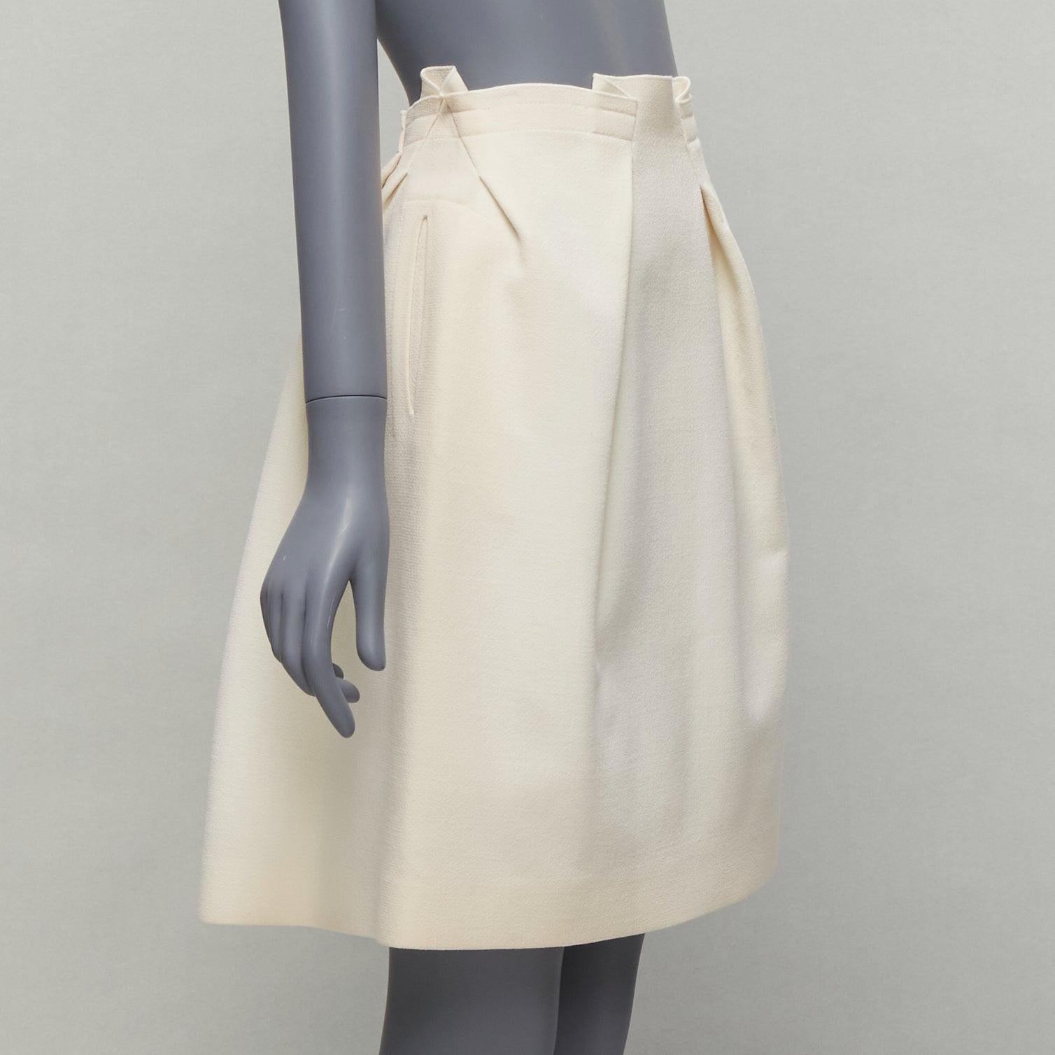 Beige ROLAND MOURET wool crepe silk trim origami fold pleat waist A-line skirt UK6 XS For Sale