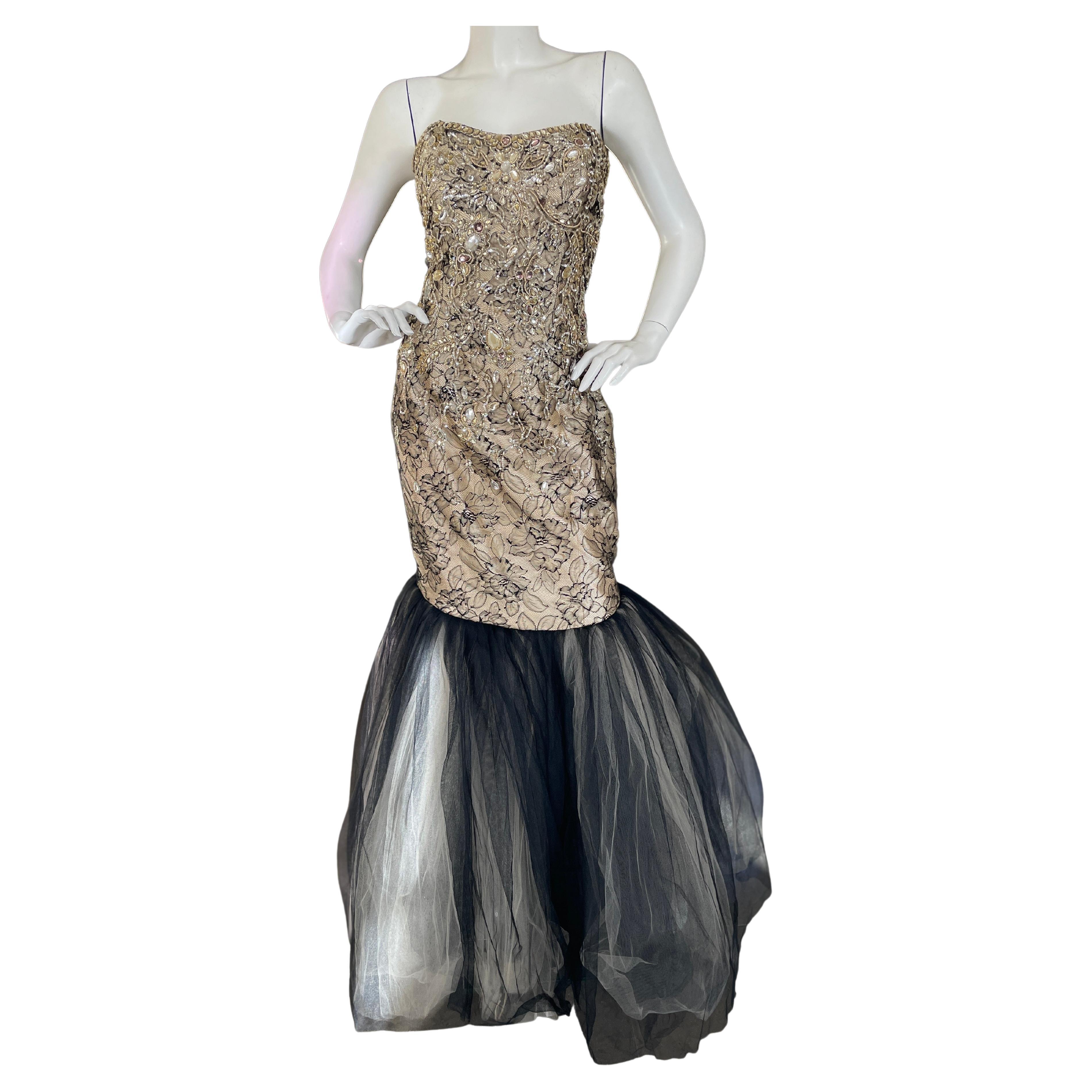  Roland Nivelais Strapless Vintage Jewel Embellished Silk Mermaid Dress  For Sale
