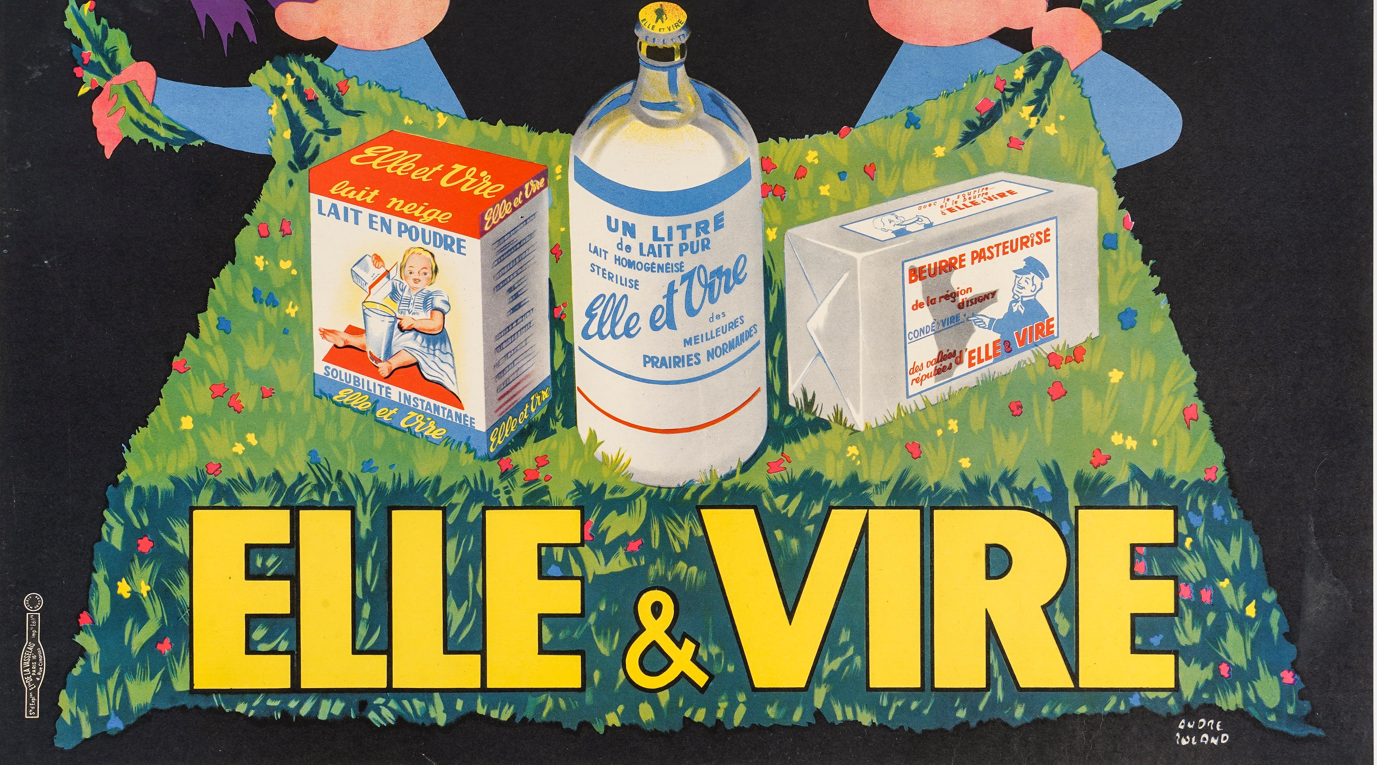 Mid-Century Modern Roland, affiche alimentaire originale, ELLE et VIRE, beurre lait fleurs campagne 1960 en vente