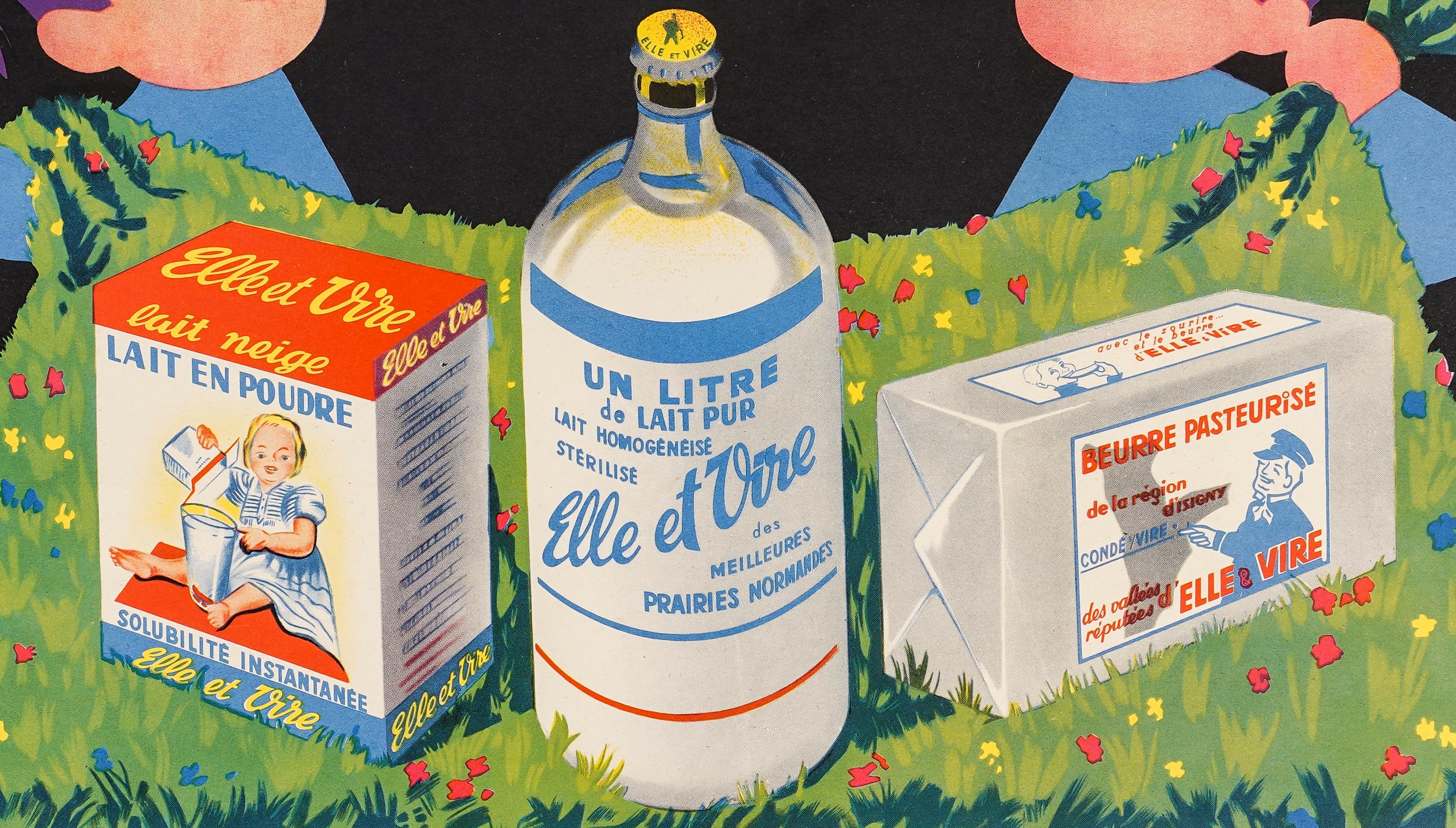 Français Roland, affiche alimentaire originale, ELLE et VIRE, beurre lait fleurs campagne 1960 en vente