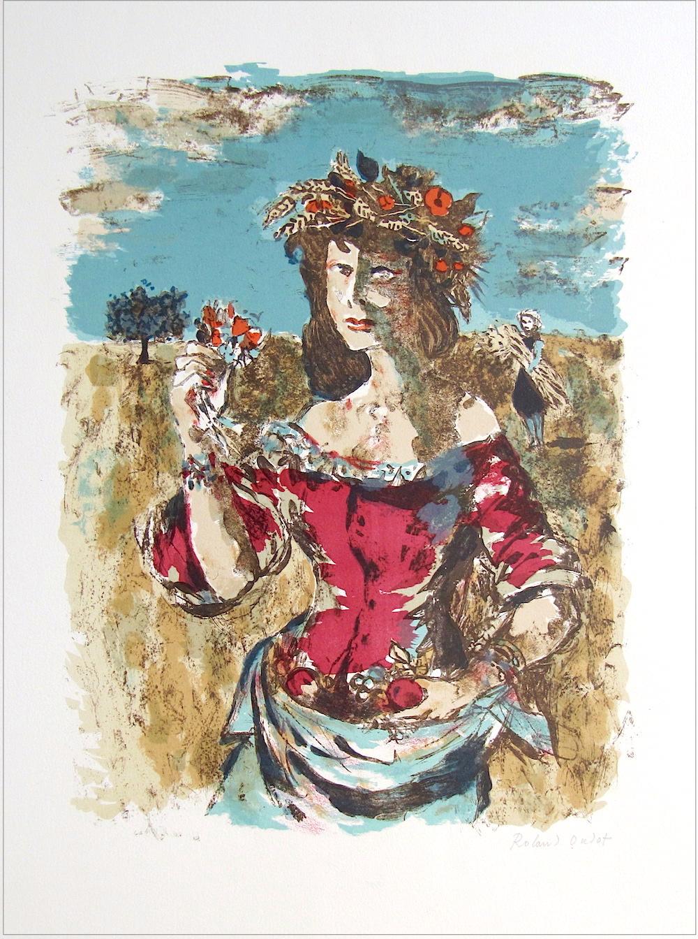 Roland Oudot Portrait Print - HARVEST QUEEN Signed Lithograph, Female Portrait, Field Flowers, Fruit, Wheat 