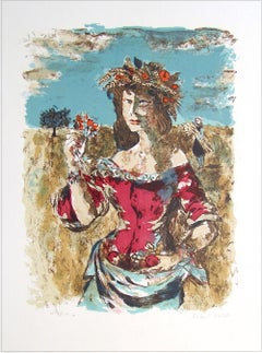 HARVEST QUEEN Signed Lithograph, Female Portrait, Field Flowers, Fruit, Wheat