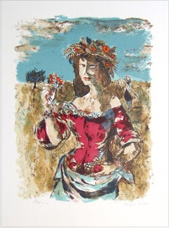 HARVEST QUEEN Signed Lithograph, Female Portrait, Field Flowers, Fruit, Wheat 