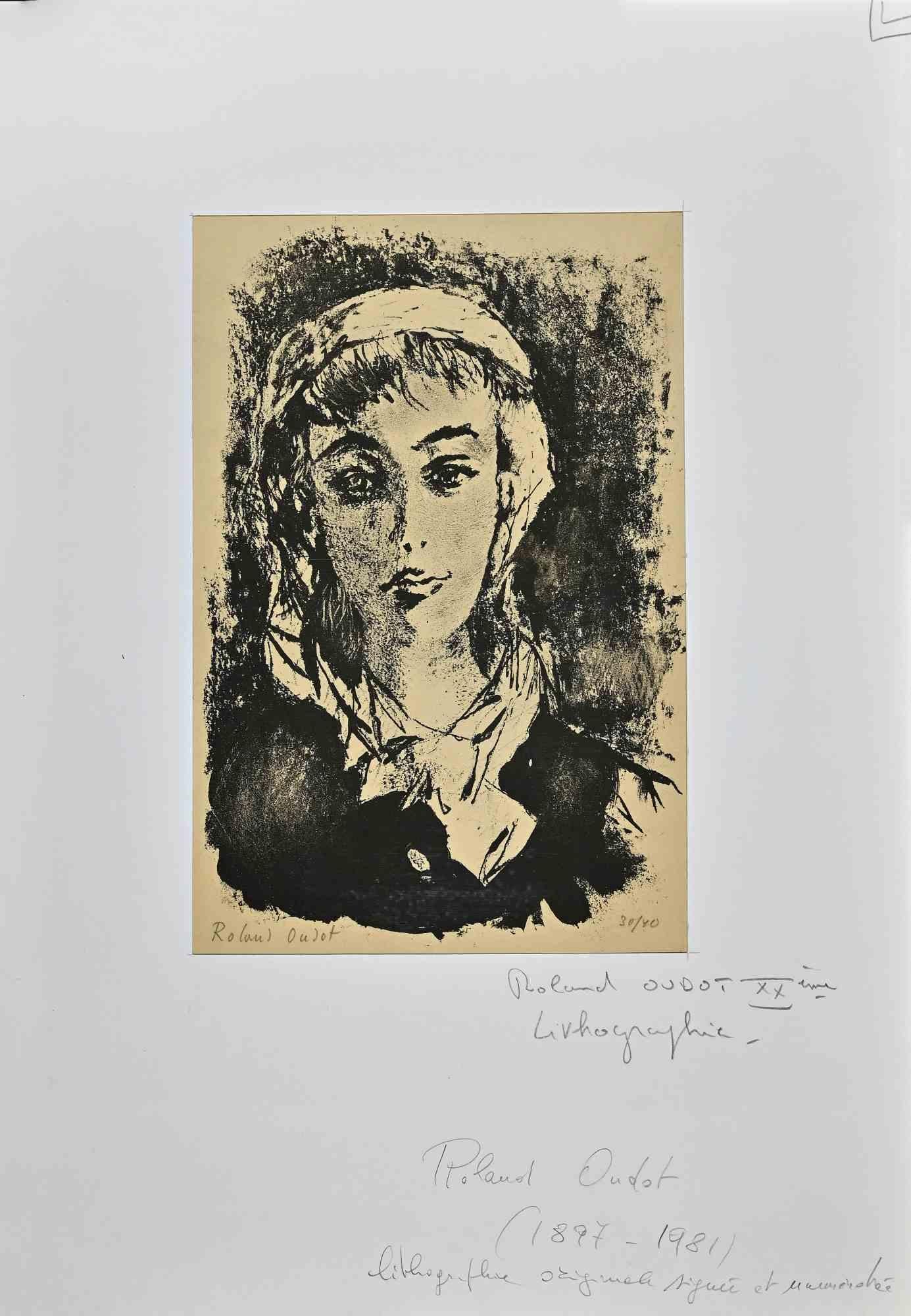 Portrait of a Woman -Lithograph by Roland Oudot - 1950s For Sale 1