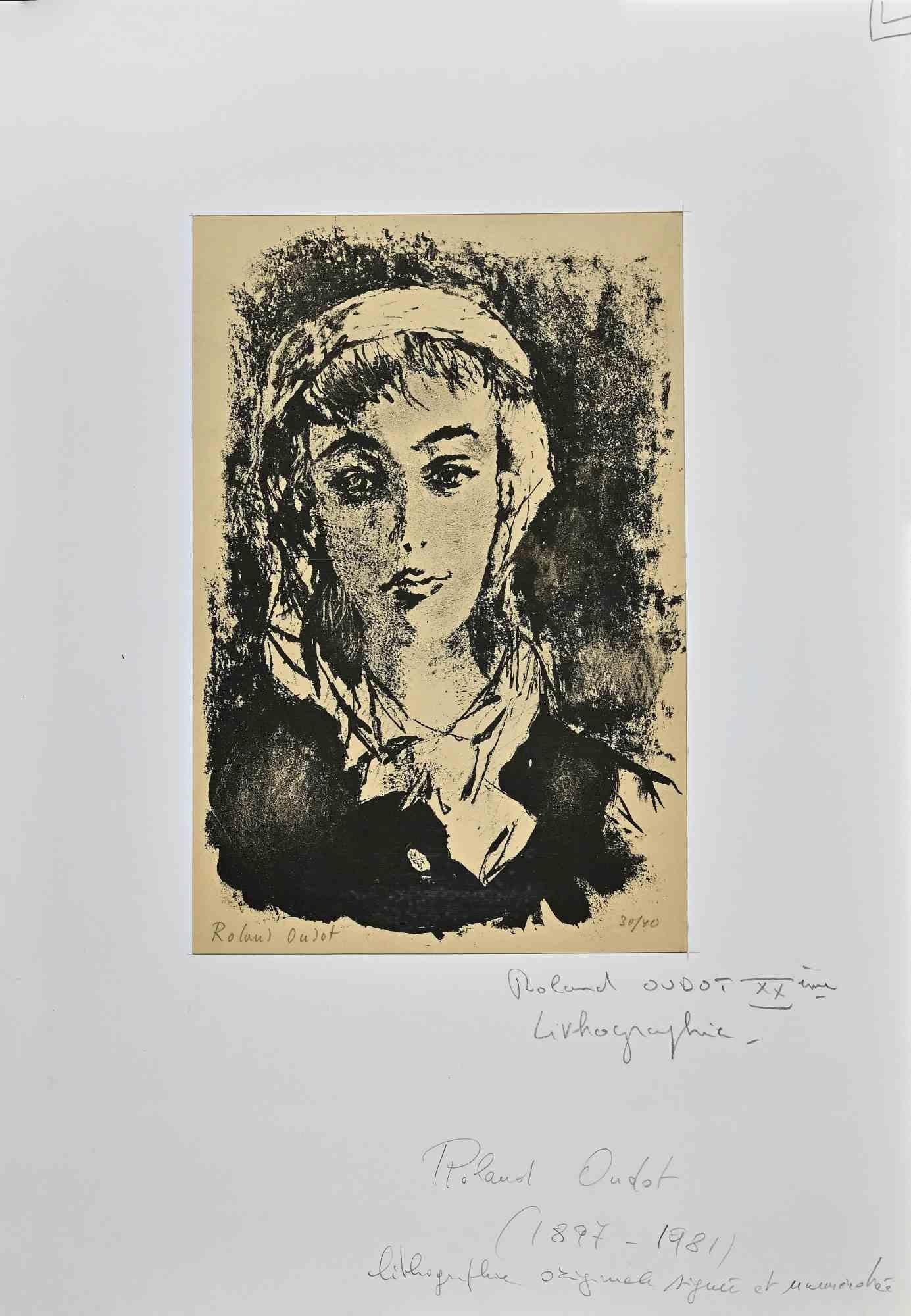 Retrato de mujer -Litografía de Roland Oudot - Años 50 en venta 1