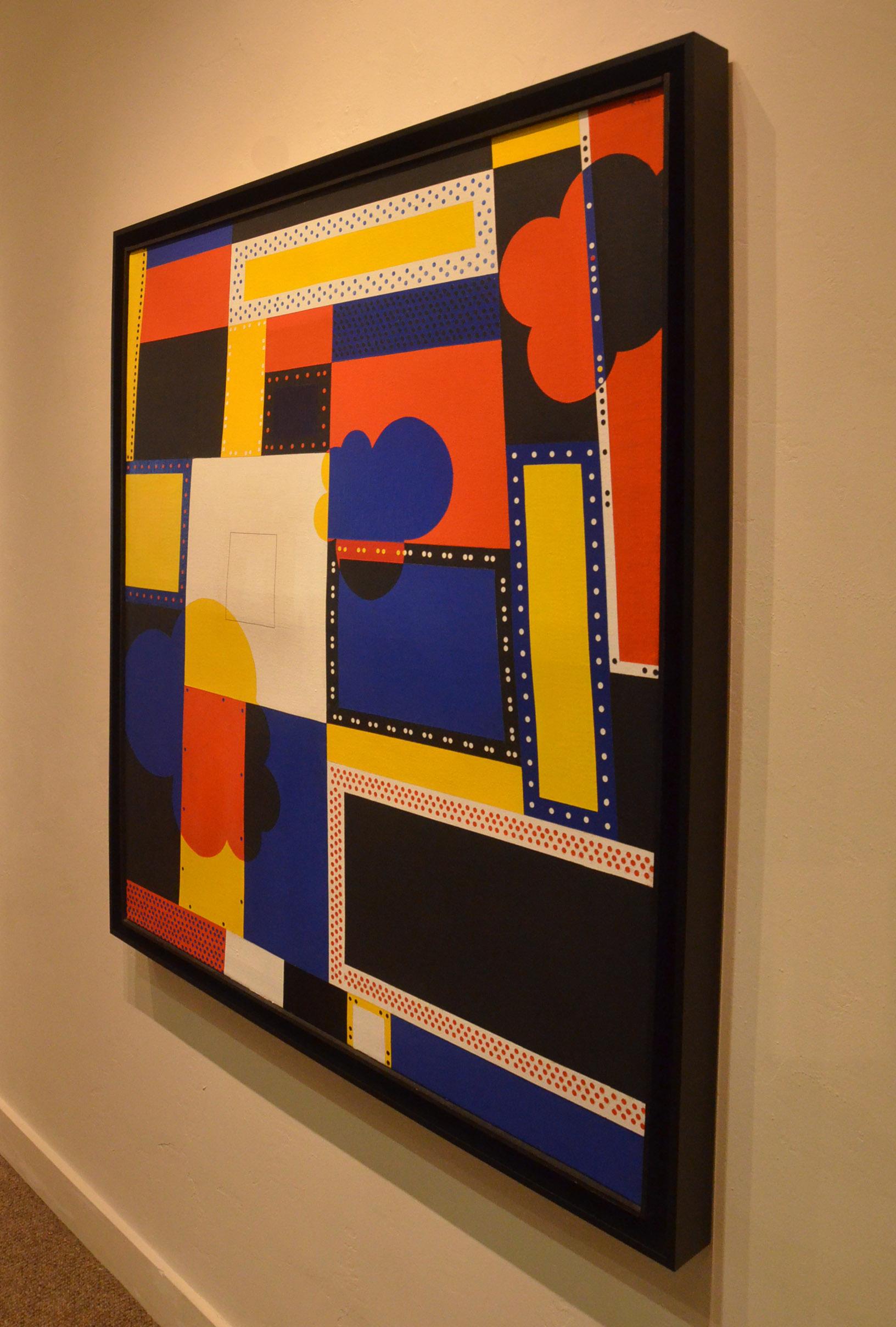 California Rock, Mid Century 1972 geometric abstract aerial view, primary colors – Painting von Roland Petersen