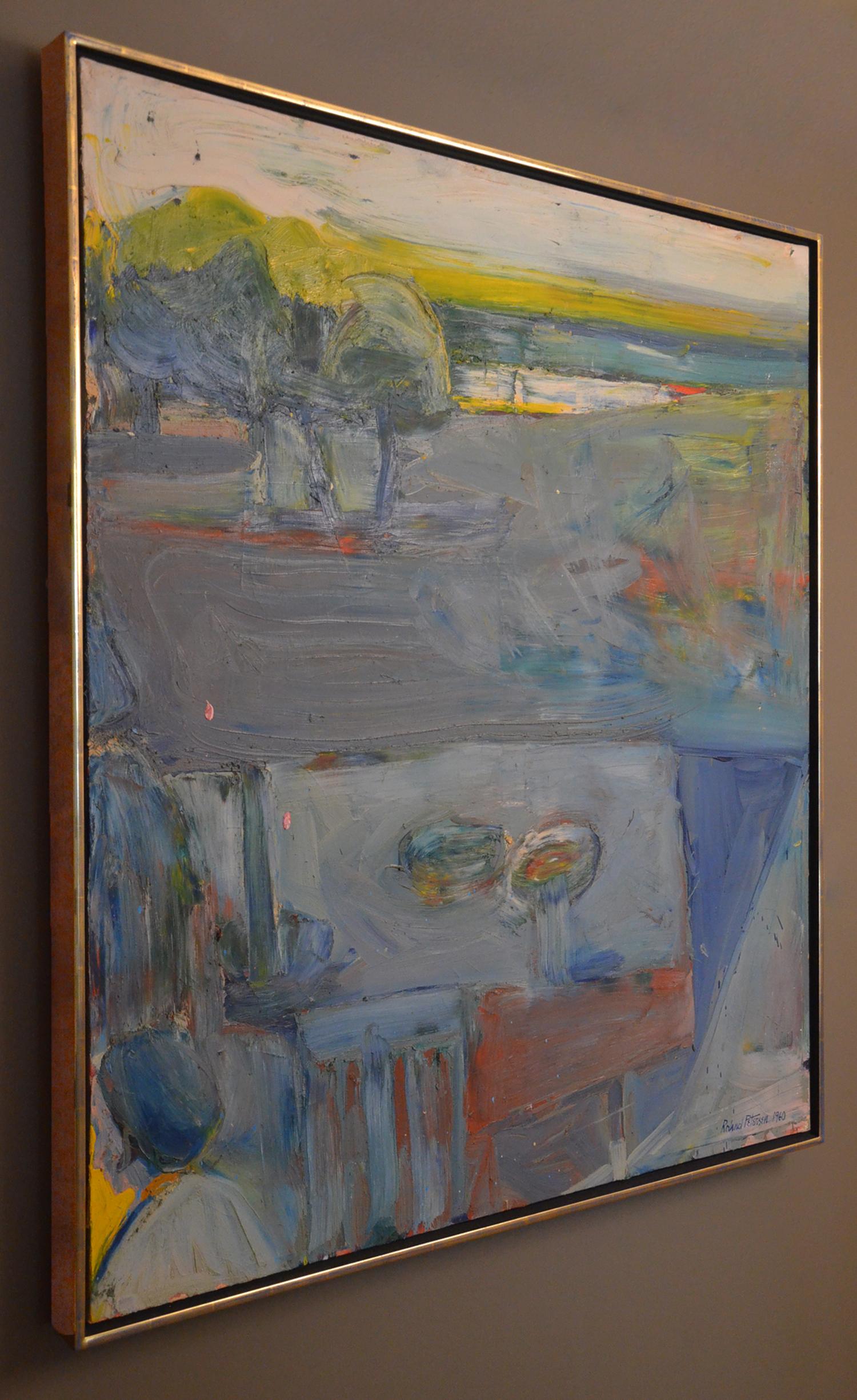 Leaving the Picnic, Mid Century 1960 abstract landscape California figurative - Painting by Roland Petersen