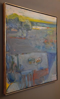 Leaving the Picnic, Mid Century 1960 abstract landscape California figurative