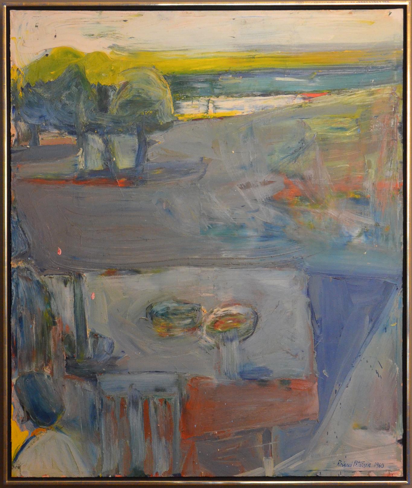Leaving the Picnic, Mid Century 1960 abstract landscape California figurative  (Amerikanische Moderne), Painting, von Roland Petersen