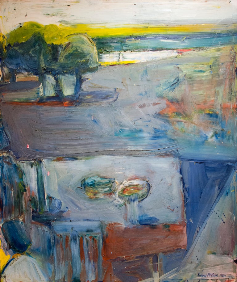 Roland Petersen Leaving the Picnic, framed 1960 abstract landscape