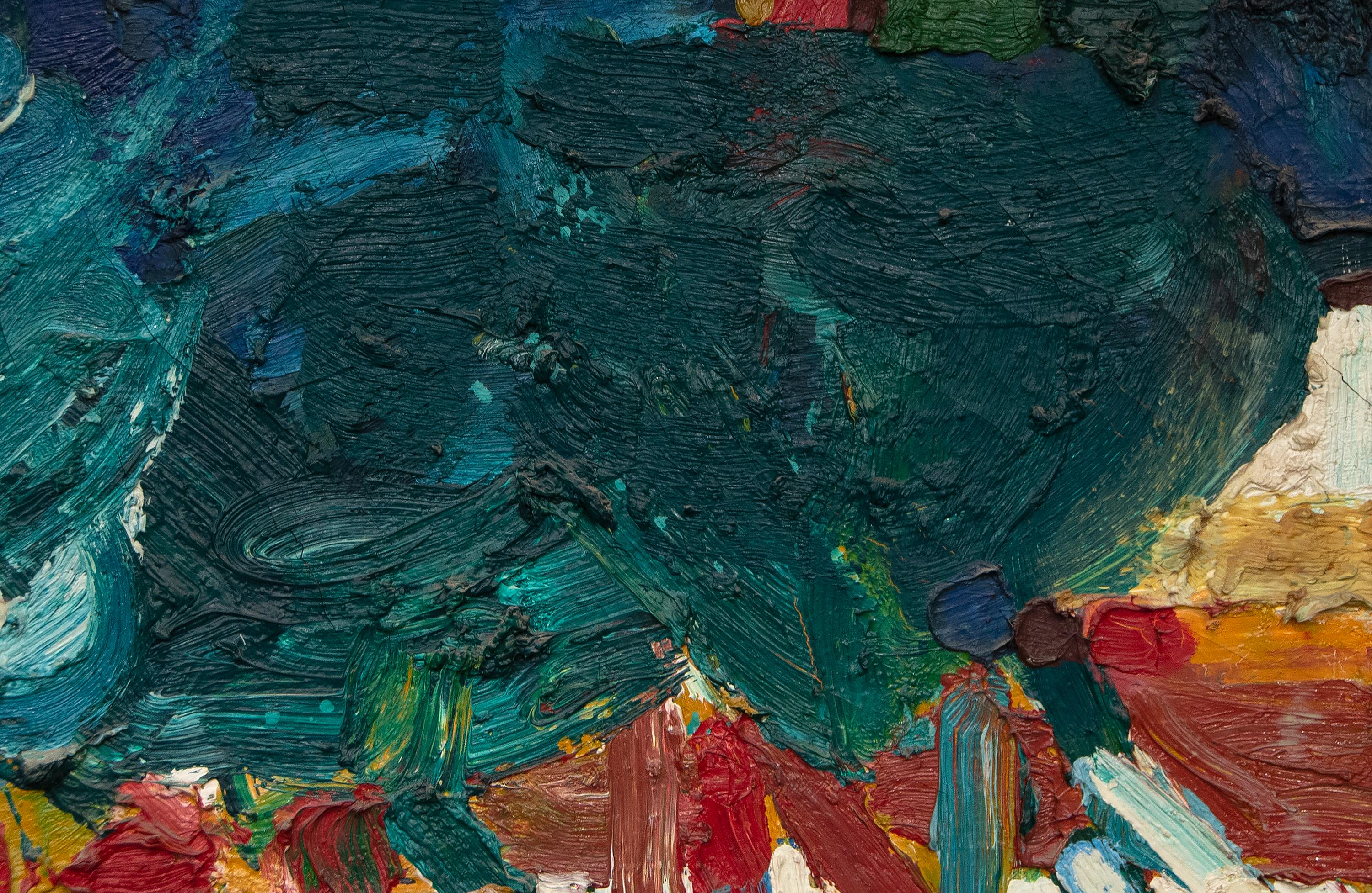 Ein Gemälde von Roland Petersen. Dieses abstrakte Gemälde ohne Titel, Öl auf Leinwand, ist in dicker und üppiger pastoser Farbe ausgeführt, hauptsächlich in Grün-, Blau-, Teal-, Weiß-, Rot- und Ockertönen, und stellt Figuren bei einem Picknick des