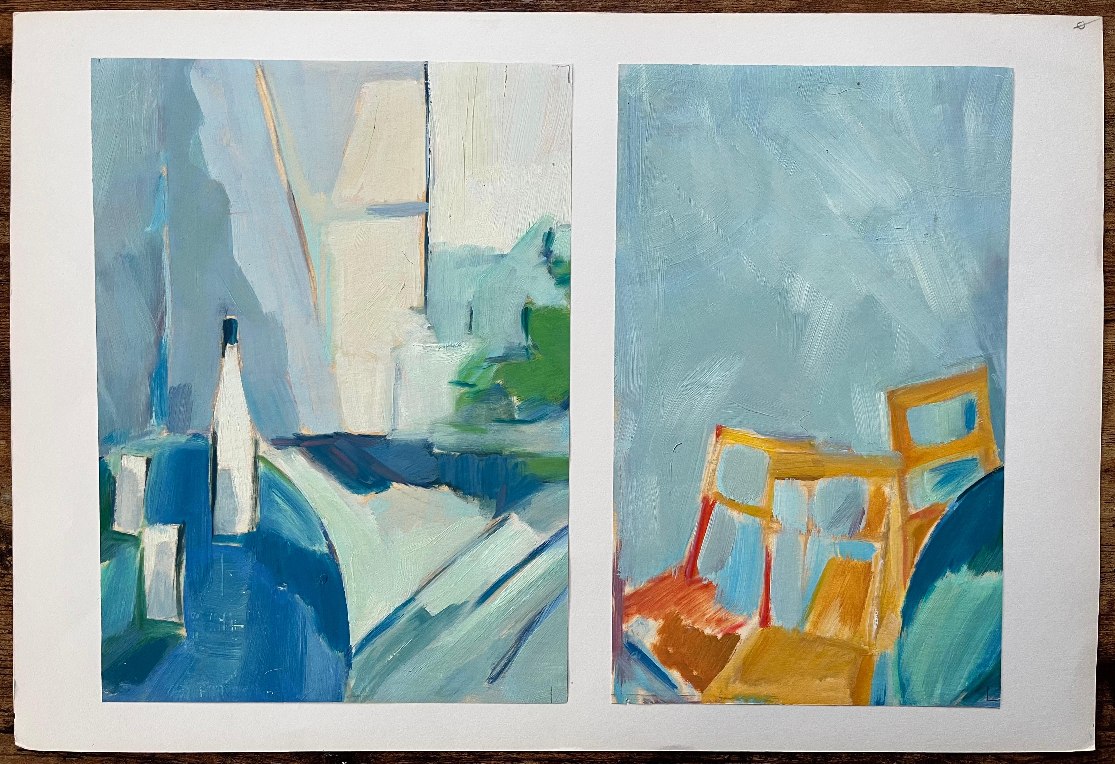 Díptico Abstracto: Bodegón con Botella y Sillas - Pinturas al Óleo Contemporáneas - Painting de Roland Pichard