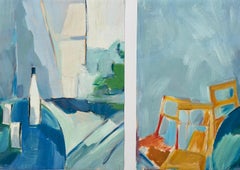 Abstract Diptych: Still Life with Bottle and Chairs - Contemporary Oil Paintings