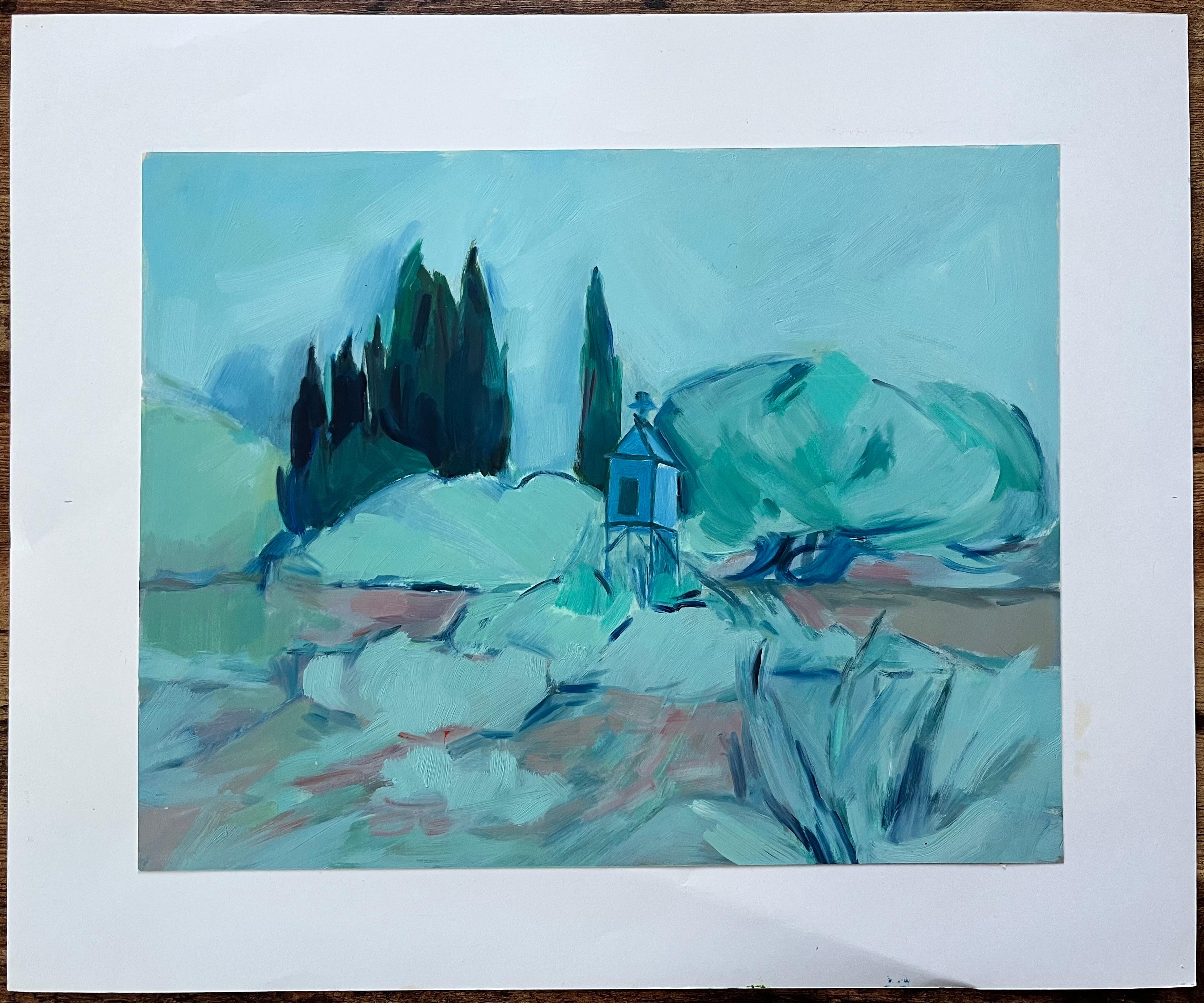 Paisaje abstracto con cipreses y pabellón - Pintura al óleo contemporánea - Painting de Roland Pichard