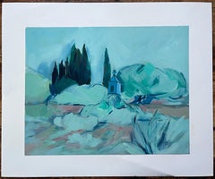 Abstract Landscape with Cypress Trees and Pavilion - Contemporary Oil Painting