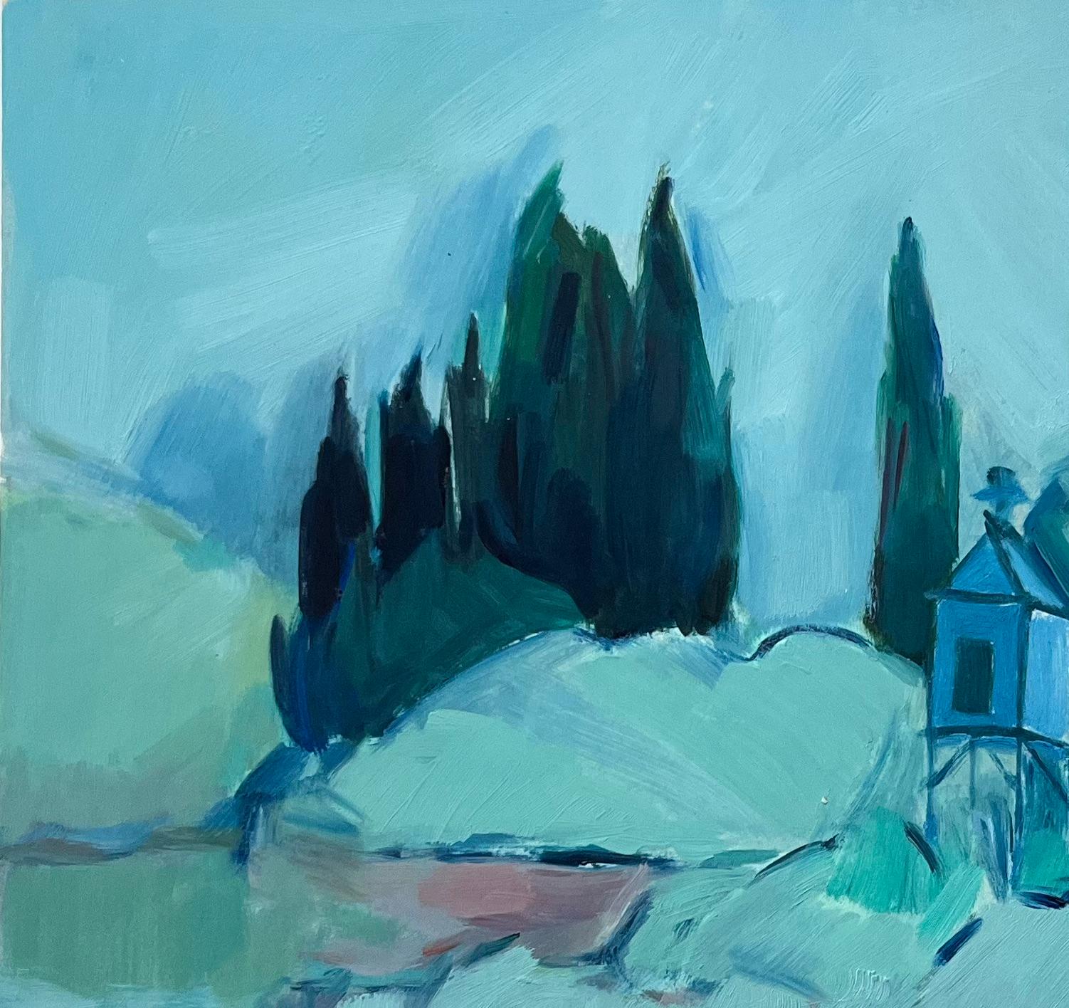 Paisaje abstracto con cipreses y pabellón - Pintura al óleo contemporánea - Painting Posimpresionista de Roland Pichard