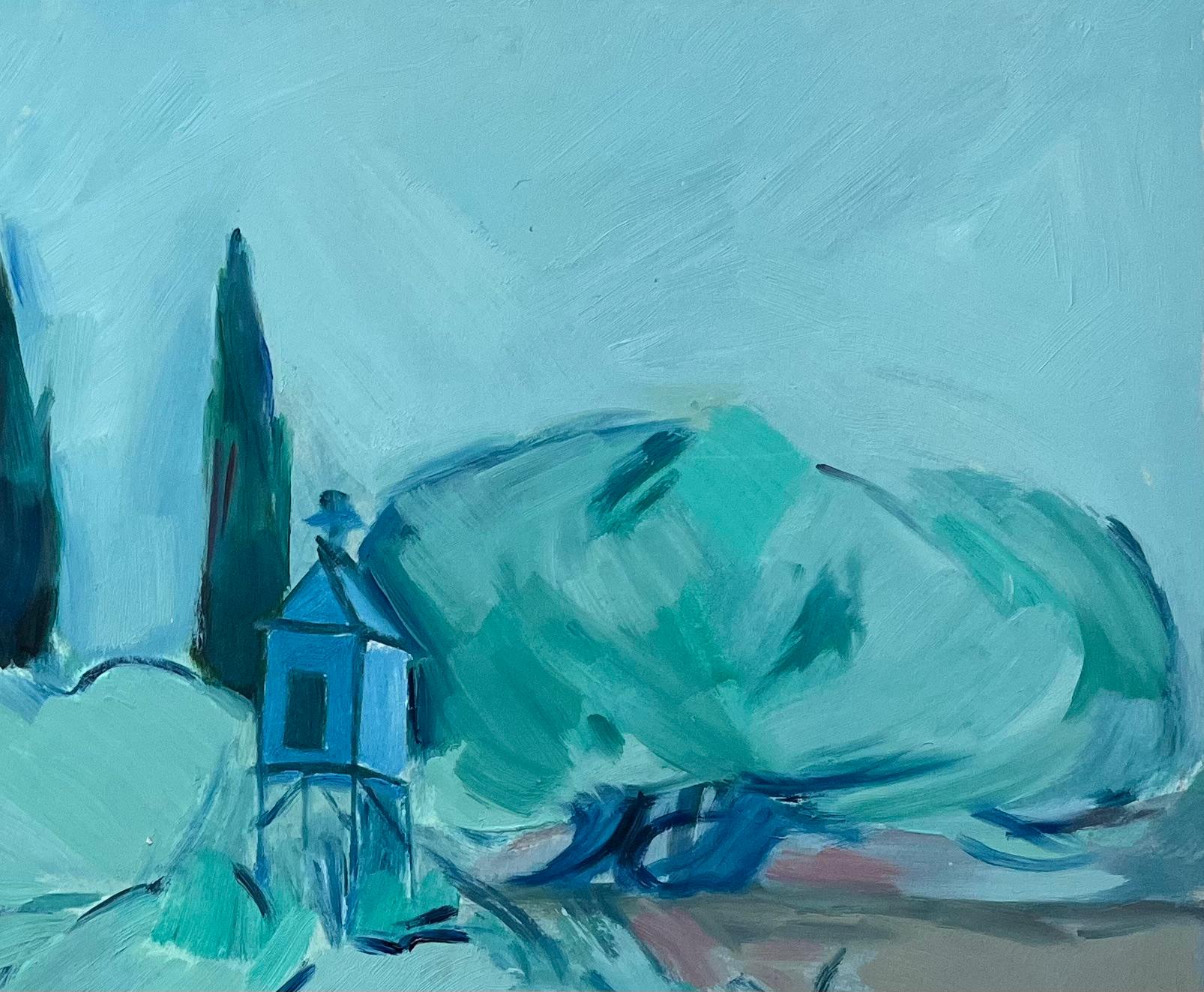 Paisaje abstracto con cipreses y pabellón - Pintura al óleo contemporánea - Abstract Painting Azul de Roland Pichard