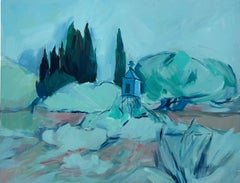 Paysage abstrait avec cyprès et pavillon - Peinture à l'huile contemporaine