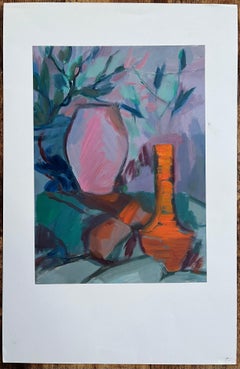 Nature morte abstraite avec vases roses et orange - Peinture à l'huile contemporaine