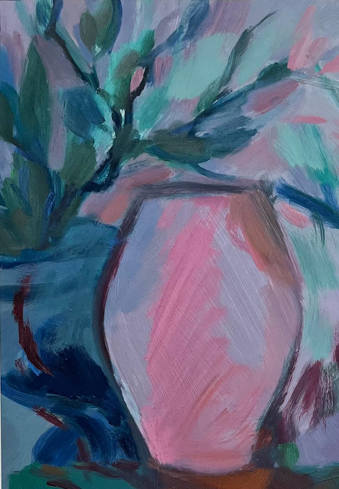 Natura morta astratta con vasi rosa e arancioni - Pittura a olio contemporanea - Painting Postimpressionismo di Roland Pichard