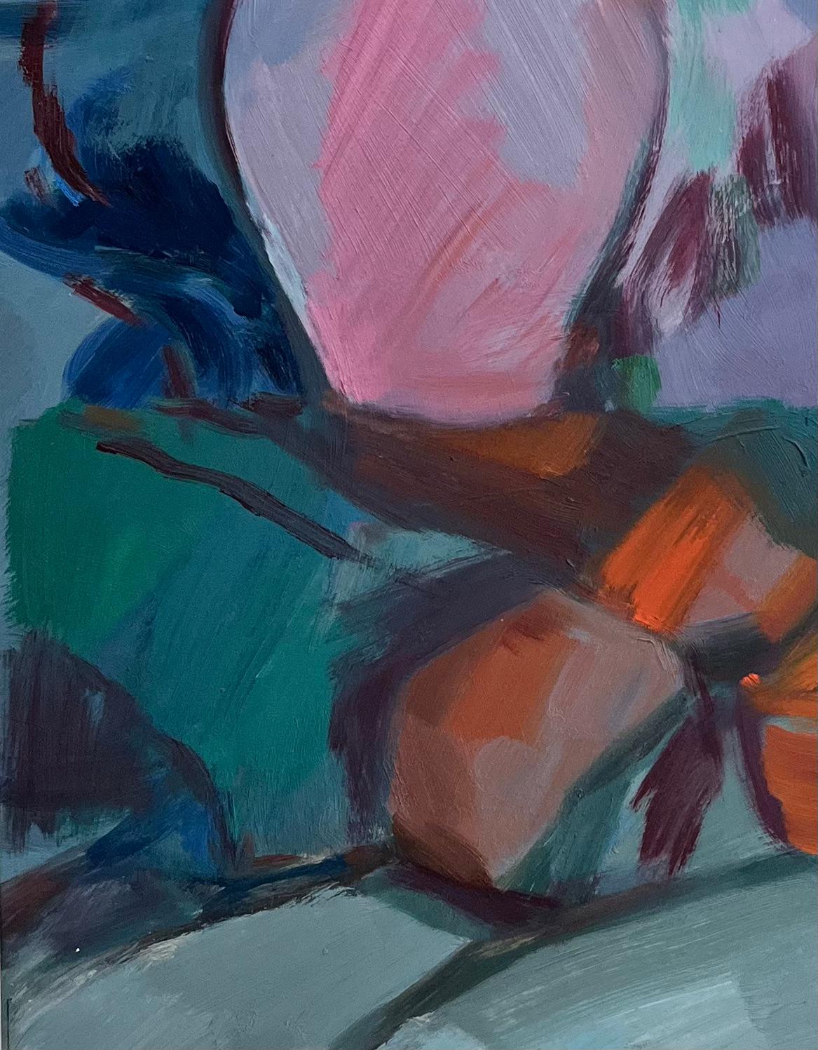 Natura morta astratta con vasi rosa e arancioni - Pittura a olio contemporanea in vendita 1