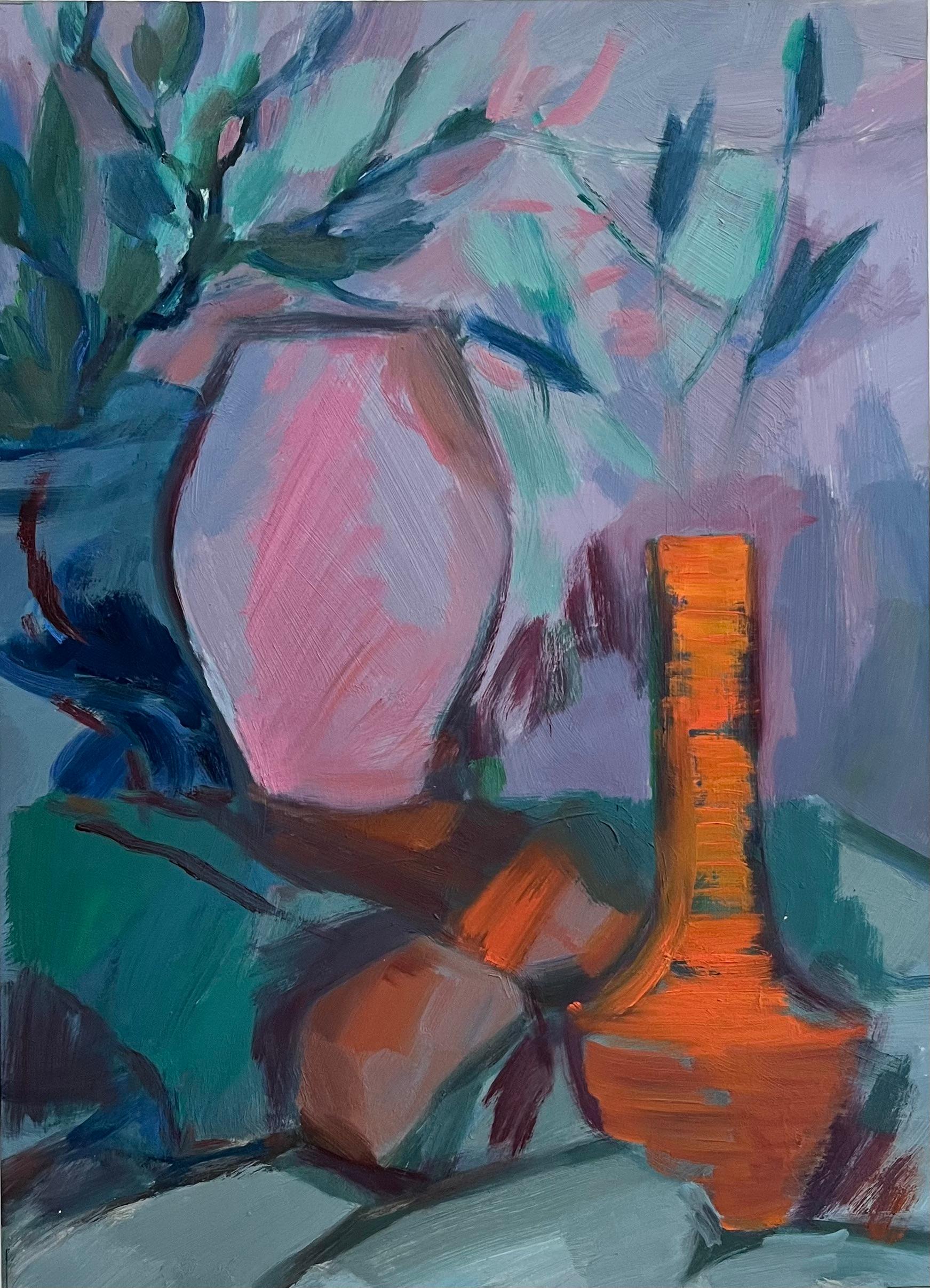 Still-Life Painting di Roland Pichard - Natura morta astratta con vasi rosa e arancioni - Pittura a olio contemporanea