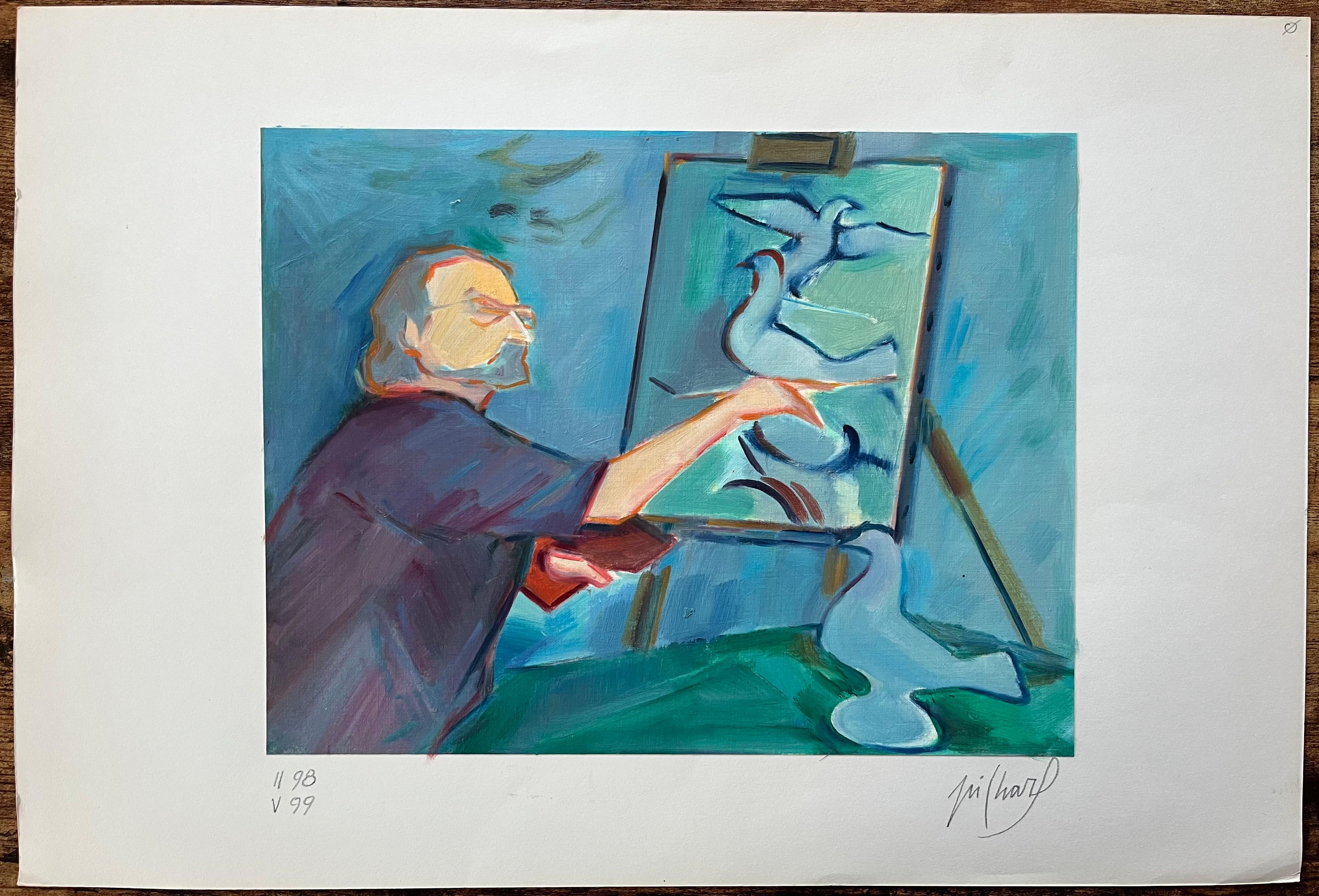 Un artista al lavoro su uno studio di colombe - Pittura ad olio figurativa contemporanea - Painting di Roland Pichard