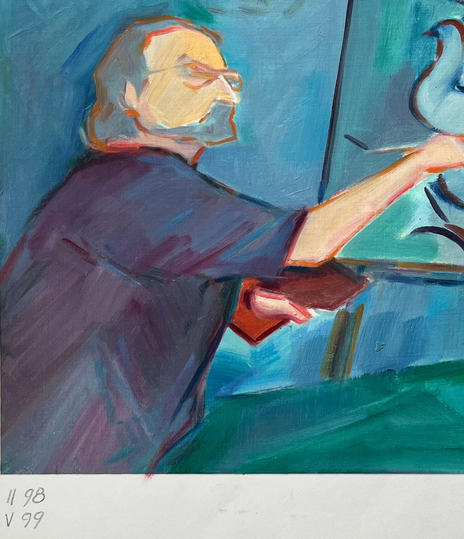 Un artista al lavoro su uno studio di colombe - Pittura ad olio figurativa contemporanea - Painting Postimpressionismo di Roland Pichard