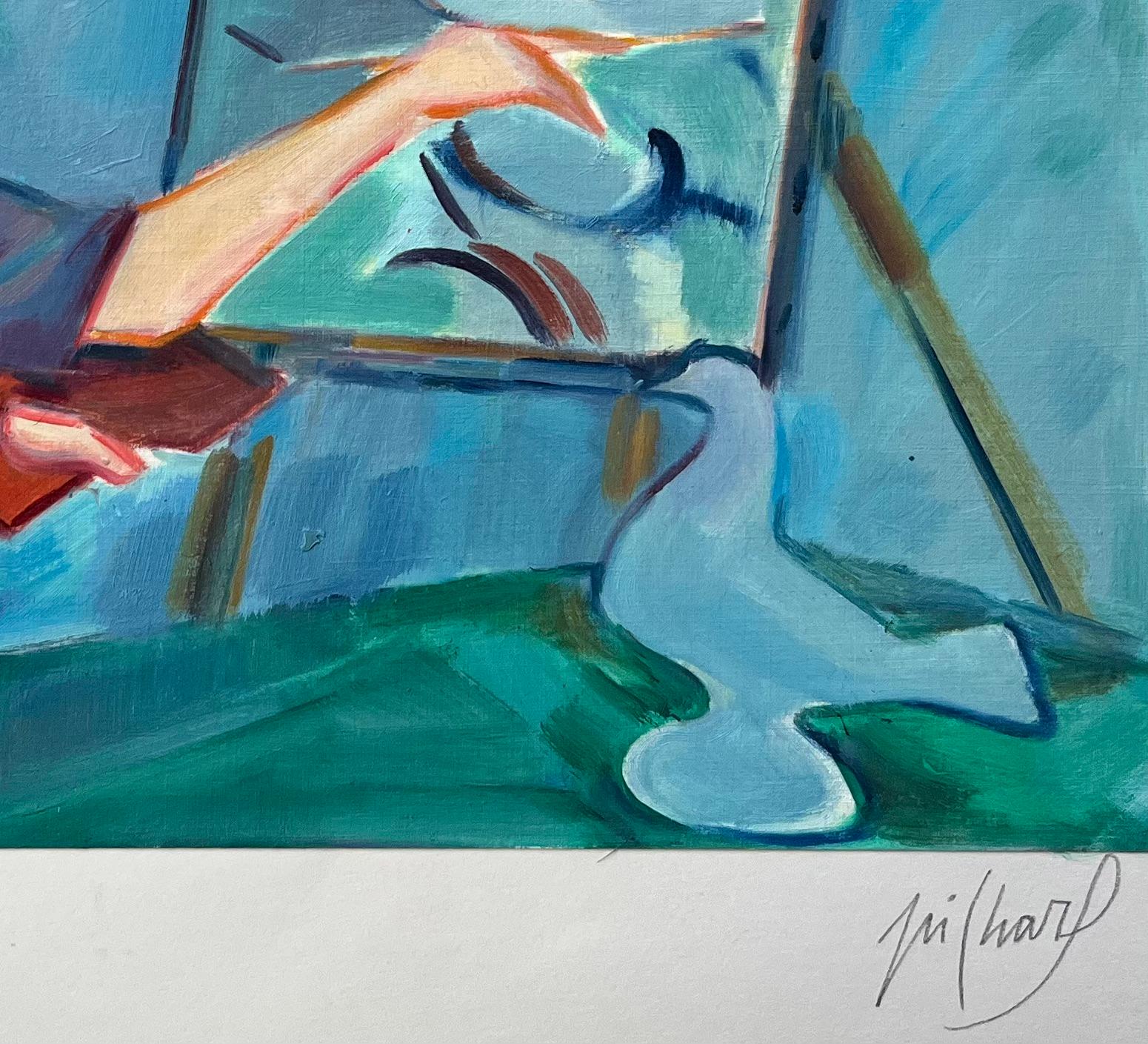 Un artista al lavoro su uno studio di colombe - Pittura ad olio figurativa contemporanea - Abstract Painting Blu di Roland Pichard