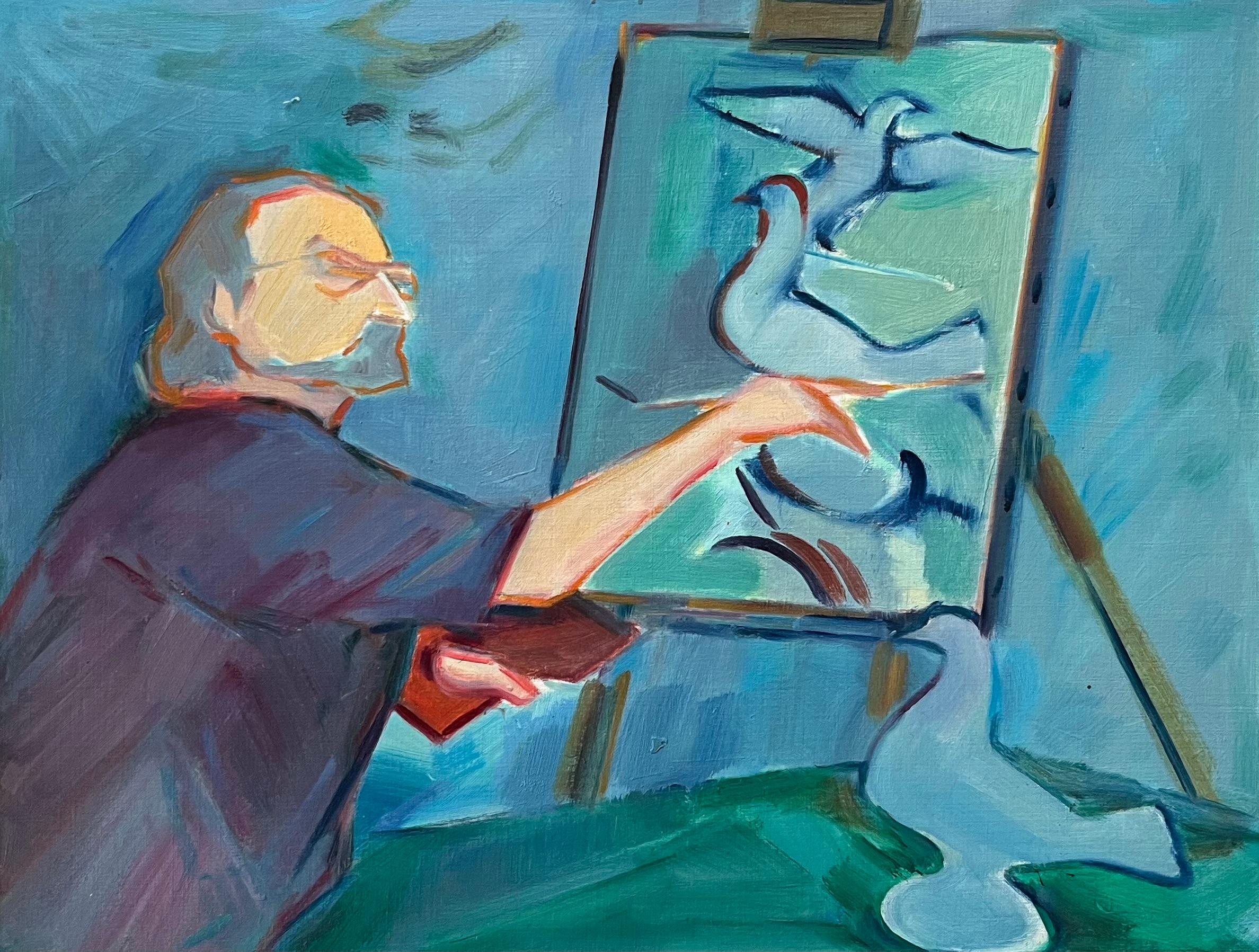 Un artista al lavoro su uno studio di colombe - Pittura ad olio figurativa contemporanea