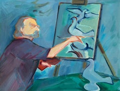 An Artist at Work on a Study of Doves - Contemporary Figurative Oil Painting