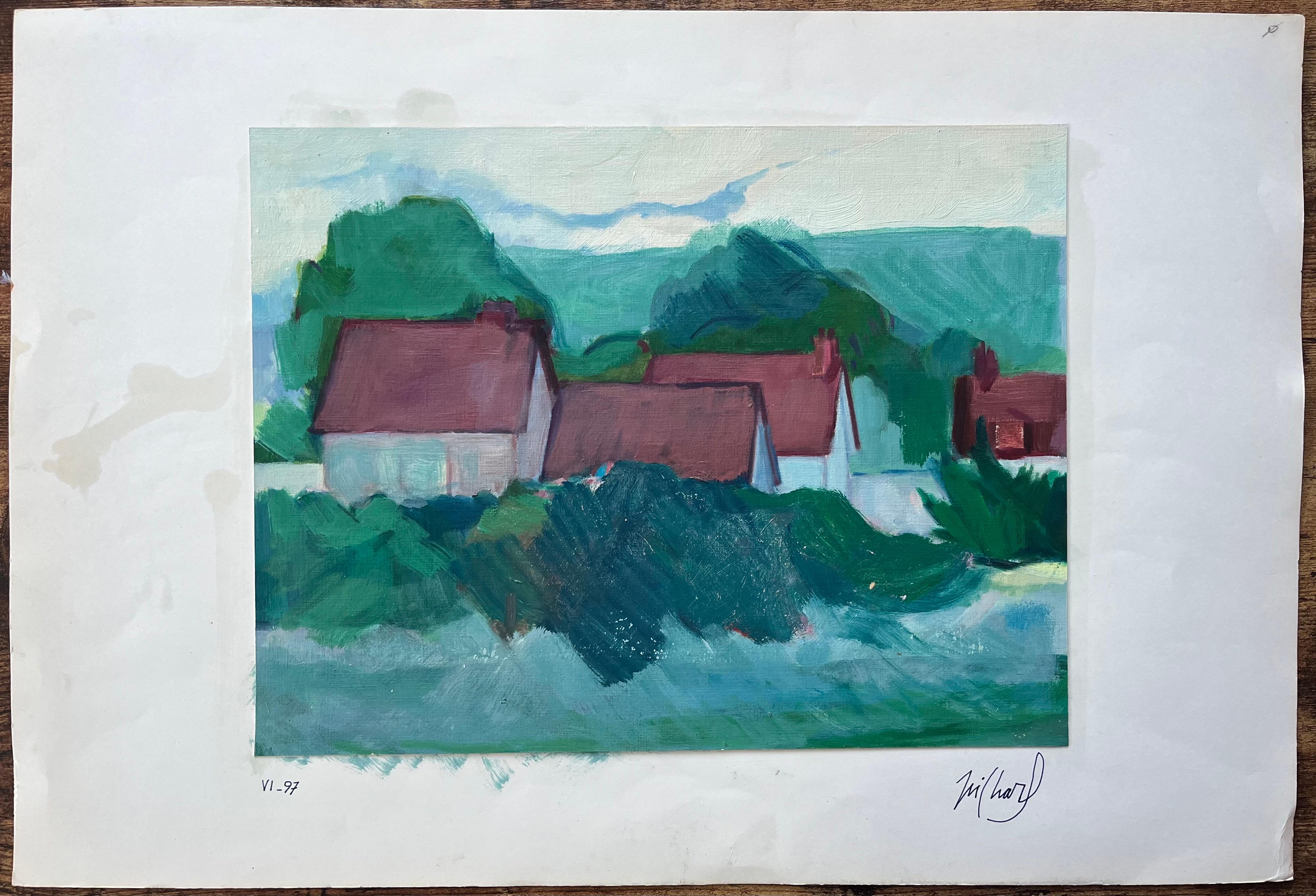 Paysage de campagne avec des Hilles aux toits rouges et des Rolls Hills - Painting de Roland Pichard