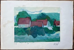 Countryside Landscape with Red Roofed Cottages and Rolling Hills
