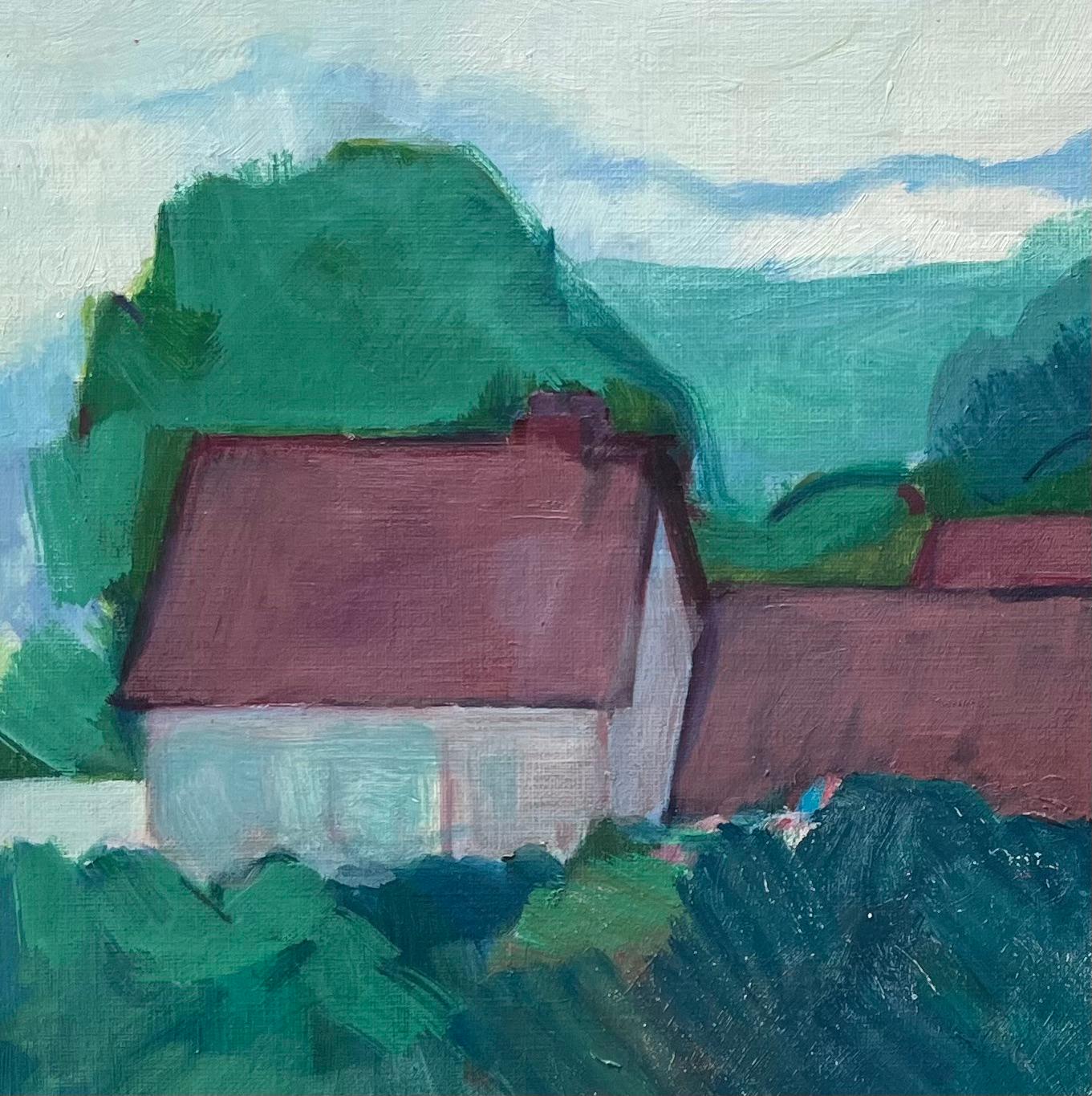 Paysage de campagne avec des Hilles aux toits rouges et des Rolls Hills - Post-impressionnisme Painting par Roland Pichard