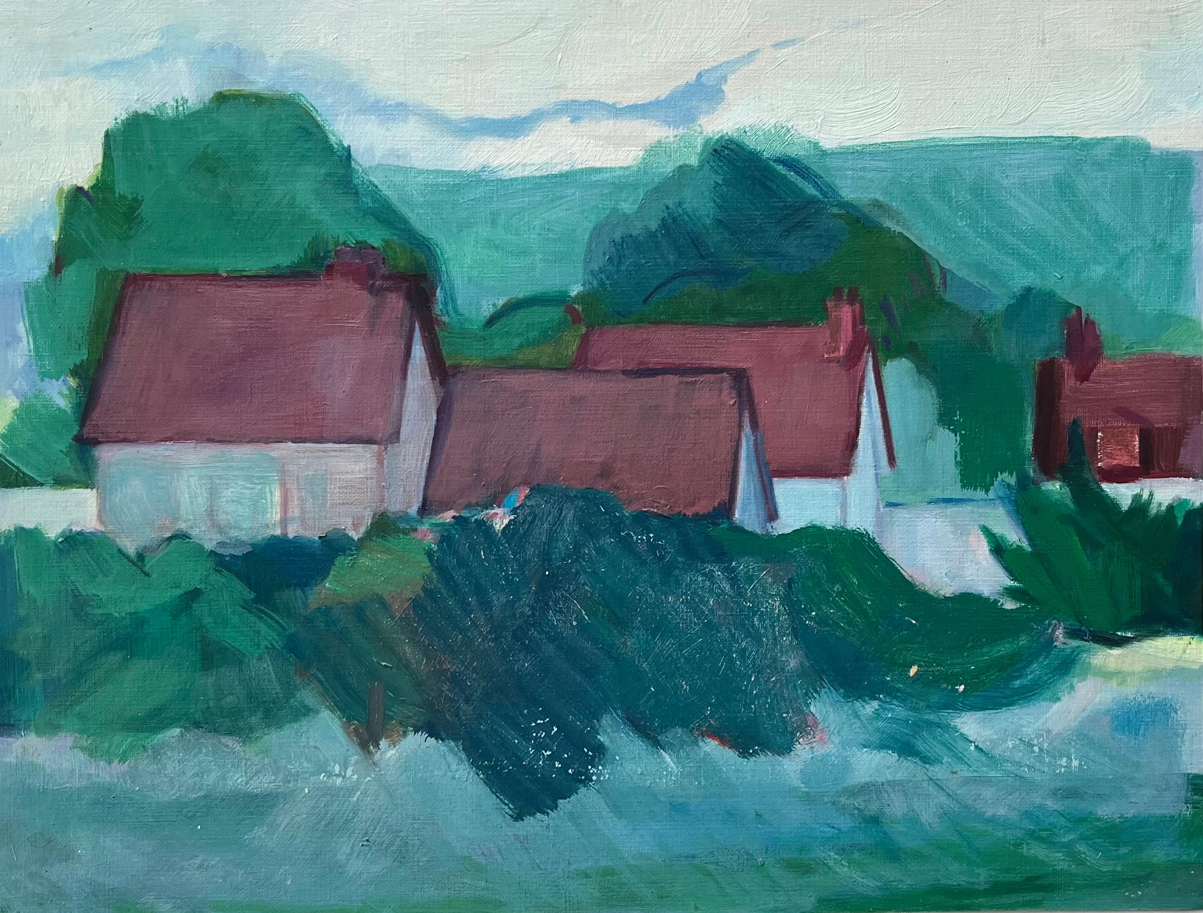 Abstract Painting Roland Pichard - Paysage de campagne avec des Hilles aux toits rouges et des Rolls Hills