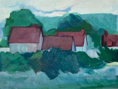 Countryside Landscape with Red Roofed Cottages and Rolling Hills