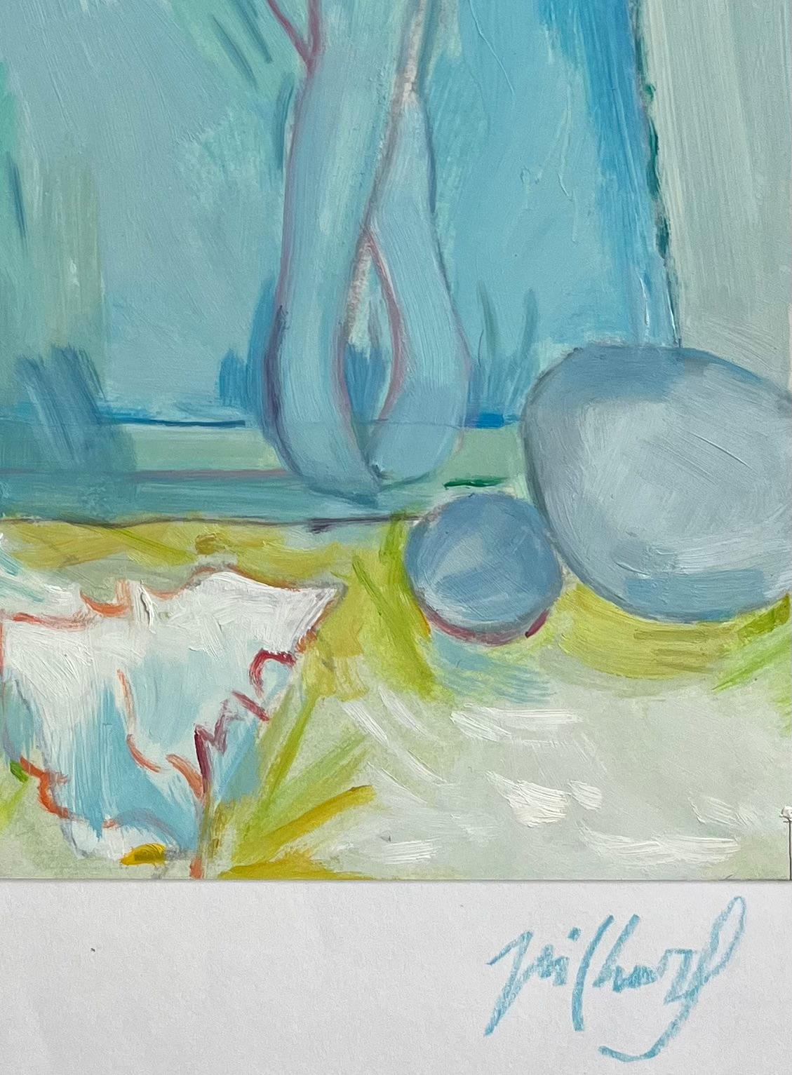 Nu figuratif et nature morte florale - Peinture à l'huile contemporaine abstraite - Bleu Abstract Painting par Roland Pichard