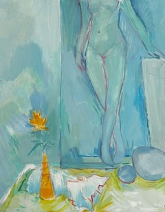 Nudo figurativo con natura morta floreale - Pittura ad olio astratta contemporanea