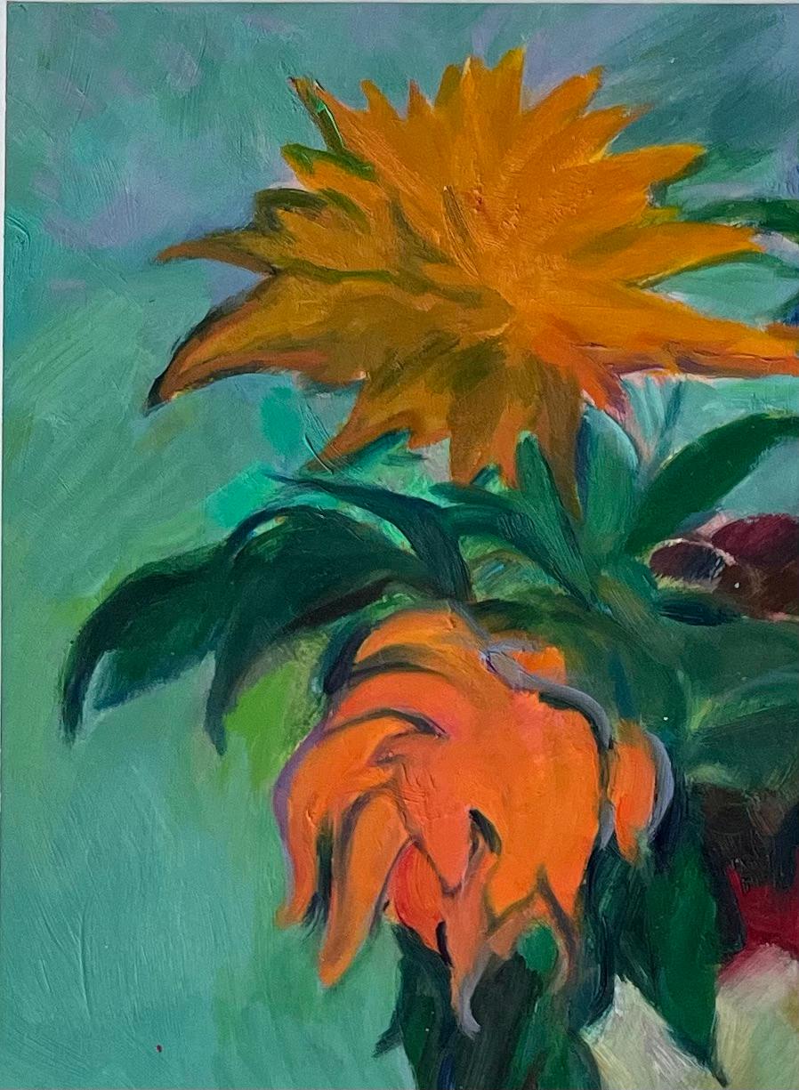 Pintura al óleo de un vibrante bodegón de girasoles y flores naranjas en una jarra - Abstract Painting Gris de Roland Pichard
