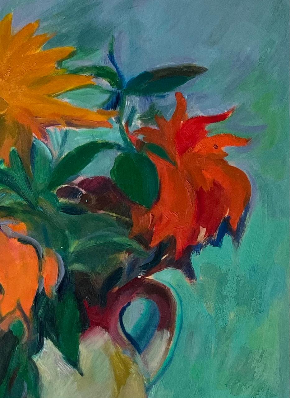 Título: Pintura al óleo de un vibrante bodegón de girasoles y flores naranjas en una jarra

Artista: Roland Pichard

Técnica: Óleo sobre papel al óleo, montado sobre cartulina

Tamaño: 10,75 (alto) x 9,75 (ancho), (Incluido el montaje: 22 (alto) x