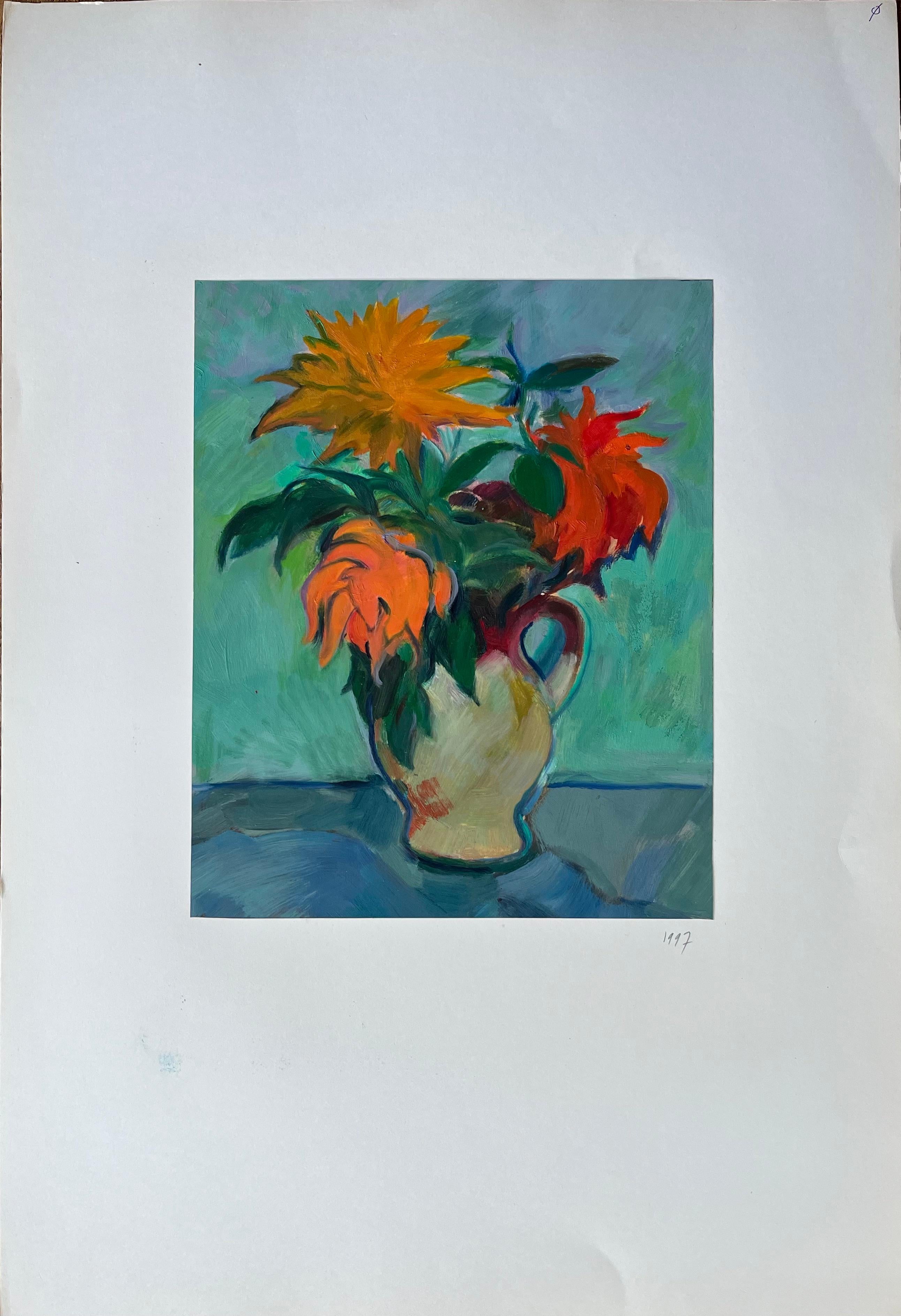 Pintura al óleo de un vibrante bodegón de girasoles y flores naranjas en una jarra - Painting de Roland Pichard